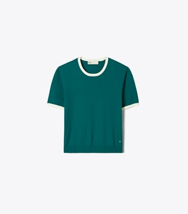 Tory Burch designer sweaters Contrast-Trim Short-Sleeve Sweater in Emerald front