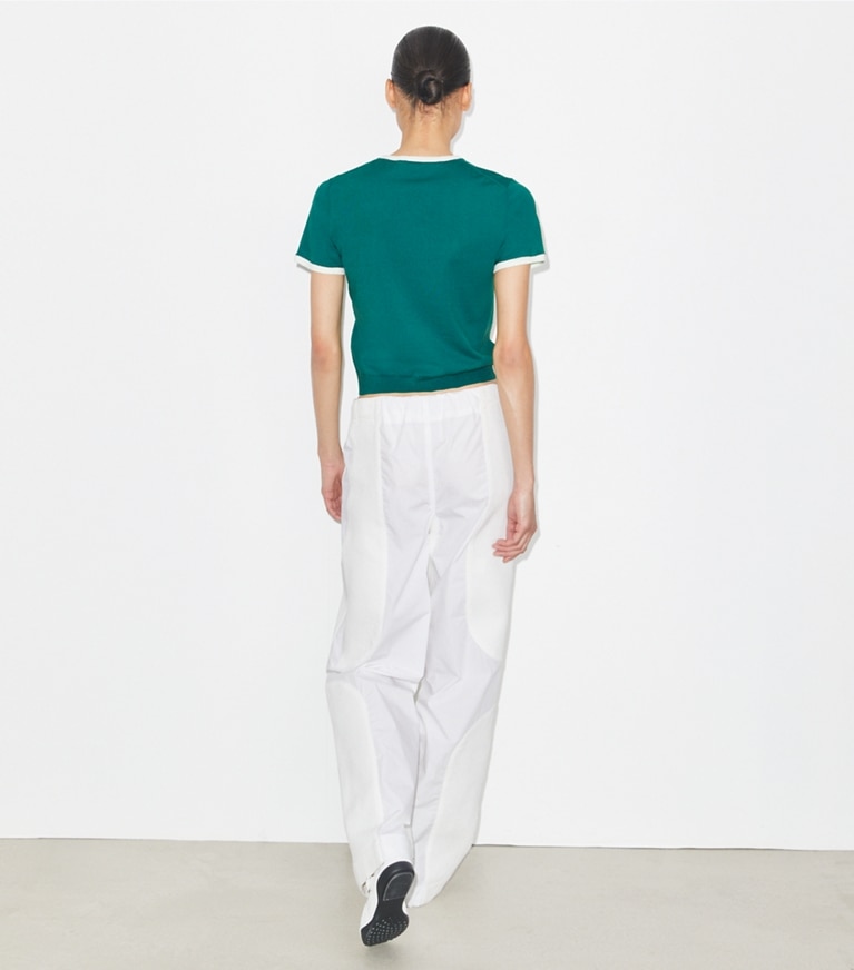 Tory Burch designer sweaters Contrast-Trim Short-Sleeve Sweater in Emerald front