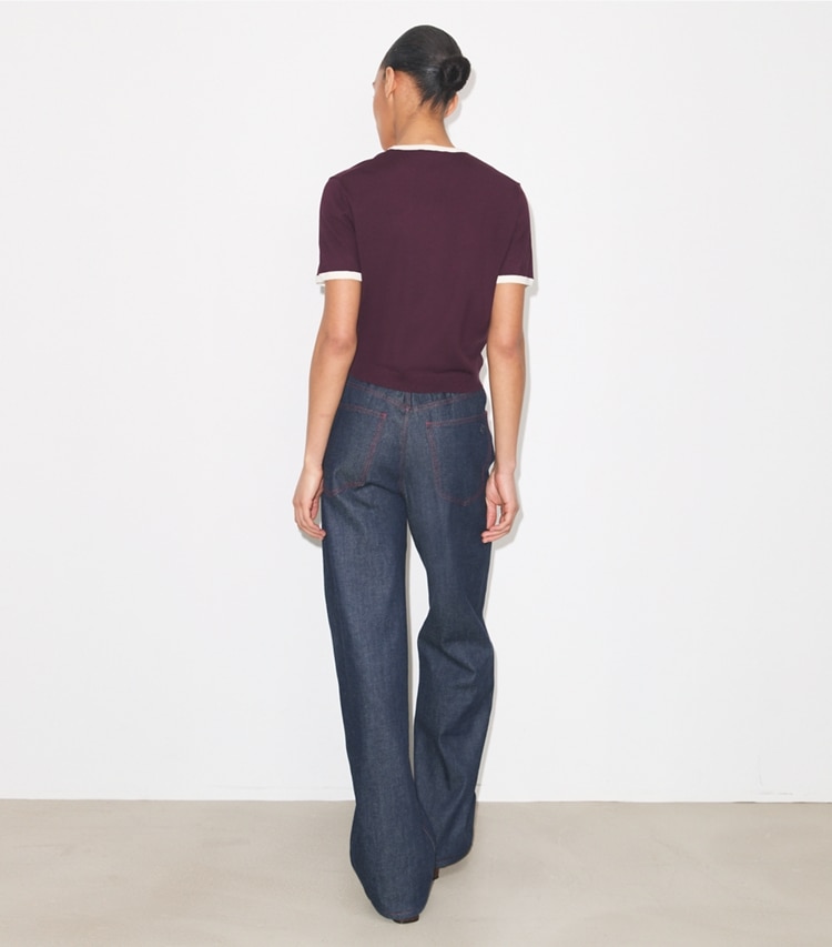 Tory Burch designer sweaters Contrast-Trim Short-Sleeve Sweater in Dark Merlot on model back