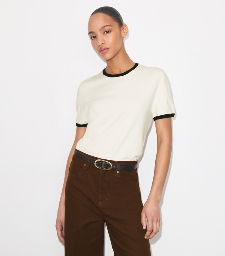 Tory Burch designer セーター コントラストトリム ショートスリーブ セーター in Ivory on model detail