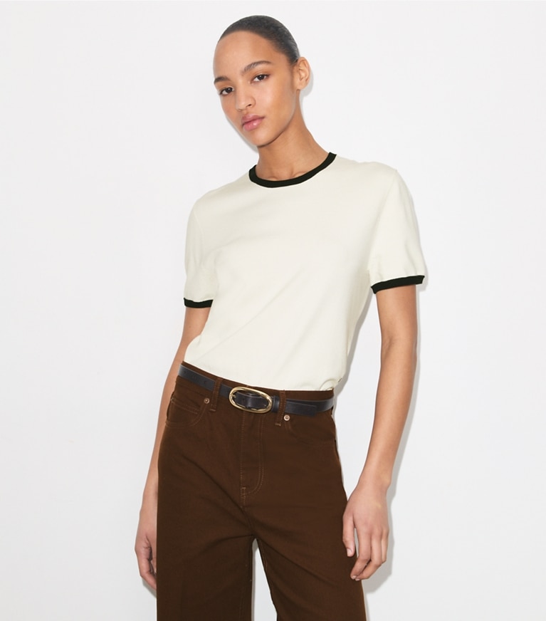 Tory Burch designer セーター コントラストトリム ショートスリーブ セーター in Ivory on model detail