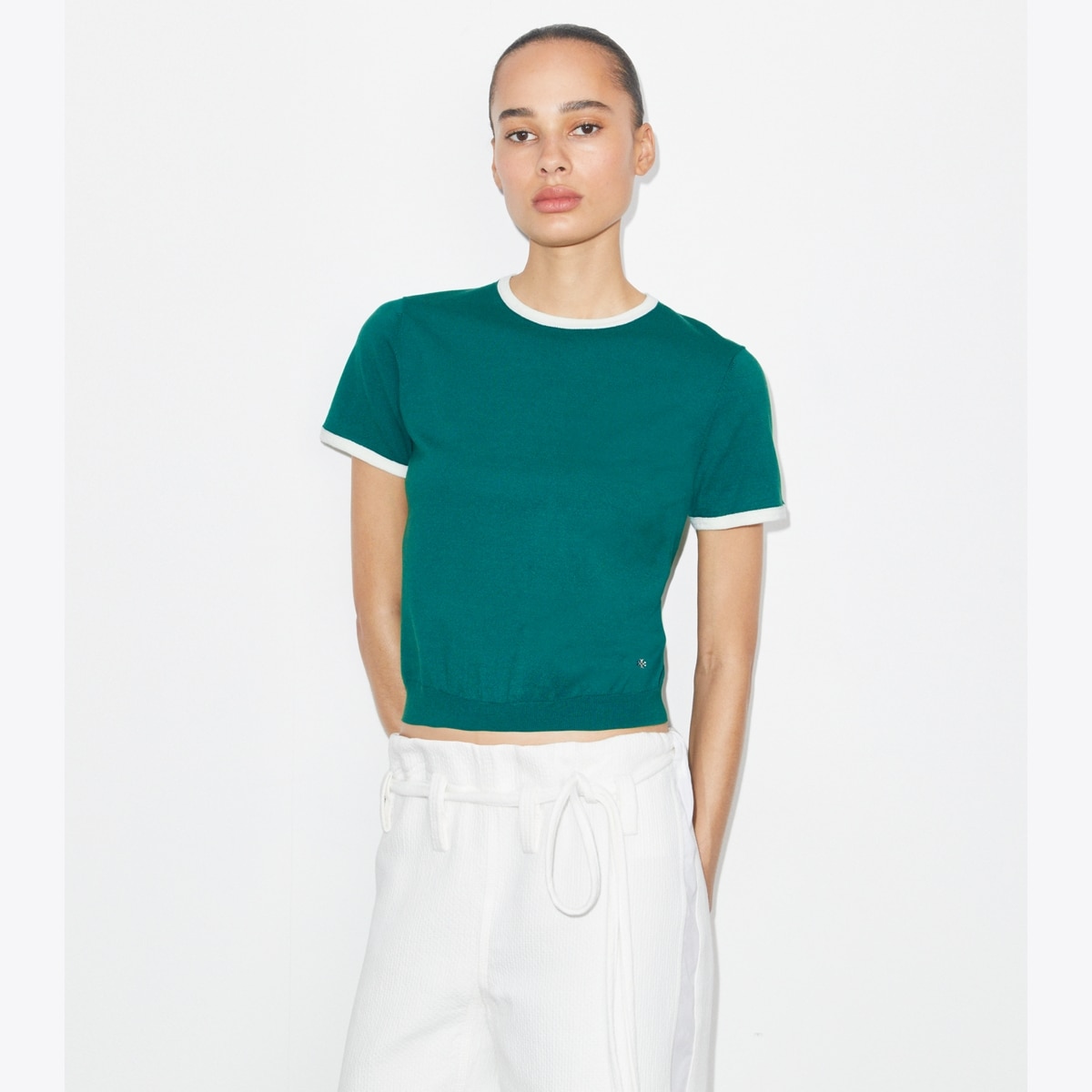 CONTRAST-TRIM SHORT-SLEEVE SWEATER - thumbnail 2