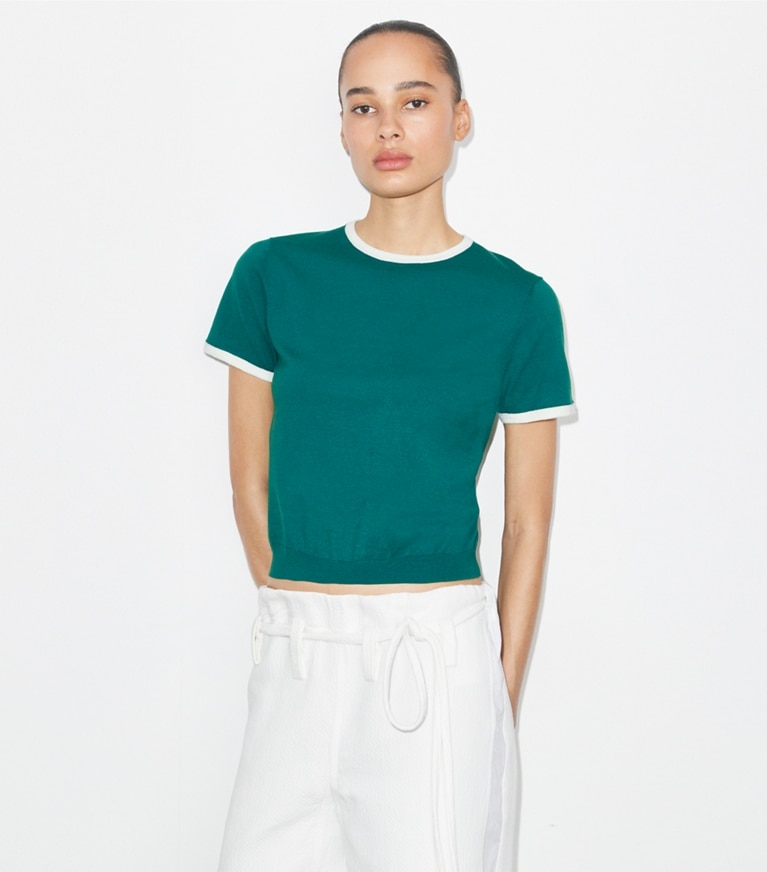 Tory Burch designer sweaters Contrast-Trim Short-Sleeve Sweater in Emerald front