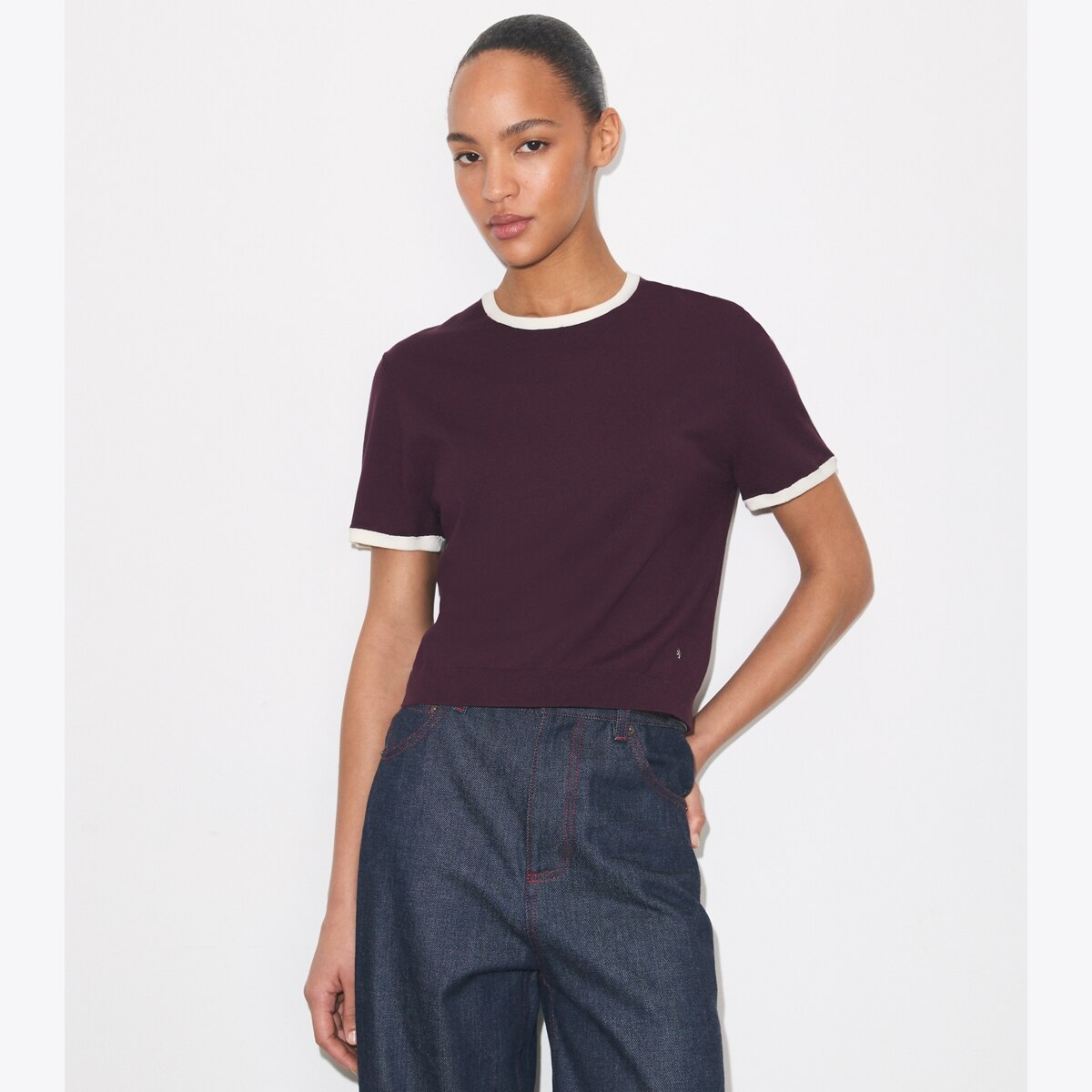 yori ドットブラウス　38 Contrast-Trim Short-Sleeve Sweater: Women's Designer Sweaters