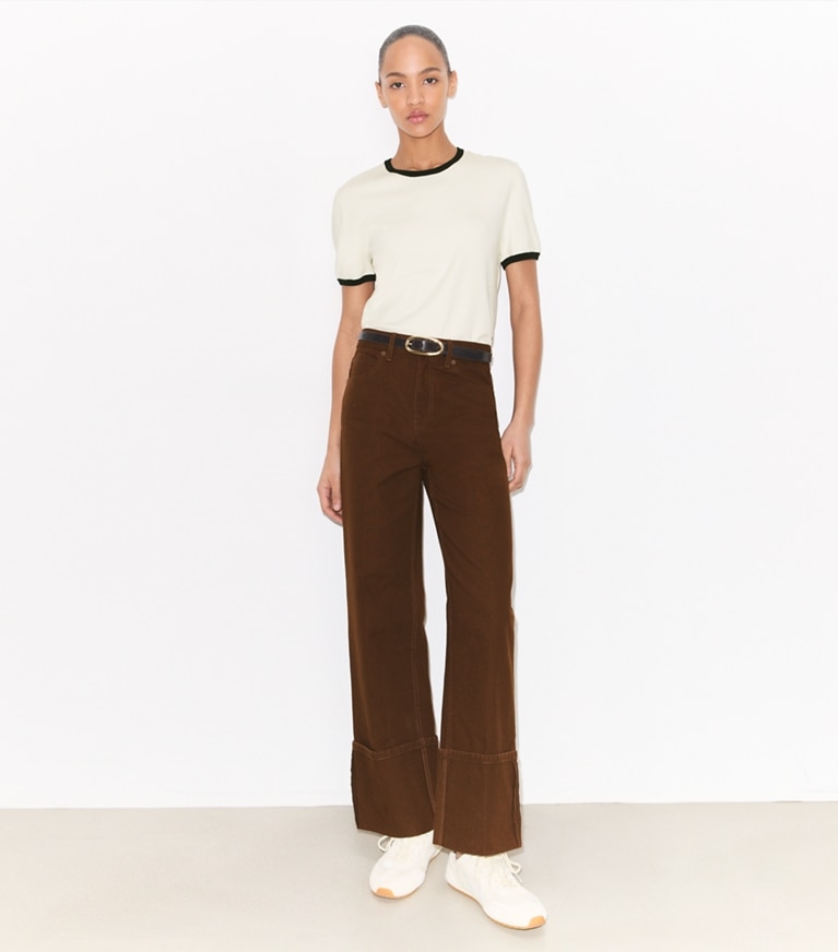 Tory Burch designer セーター コントラストトリム ショートスリーブ セーター in Ivory モデル前面