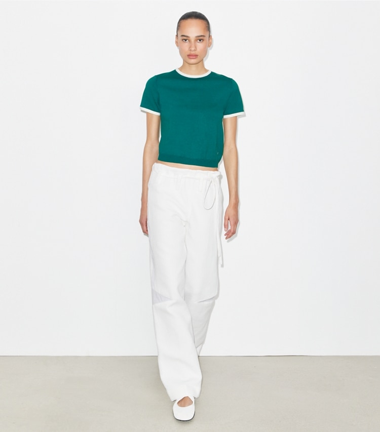Tory Burch designer sweaters Contrast-Trim Short-Sleeve Sweater in Emerald on model front
