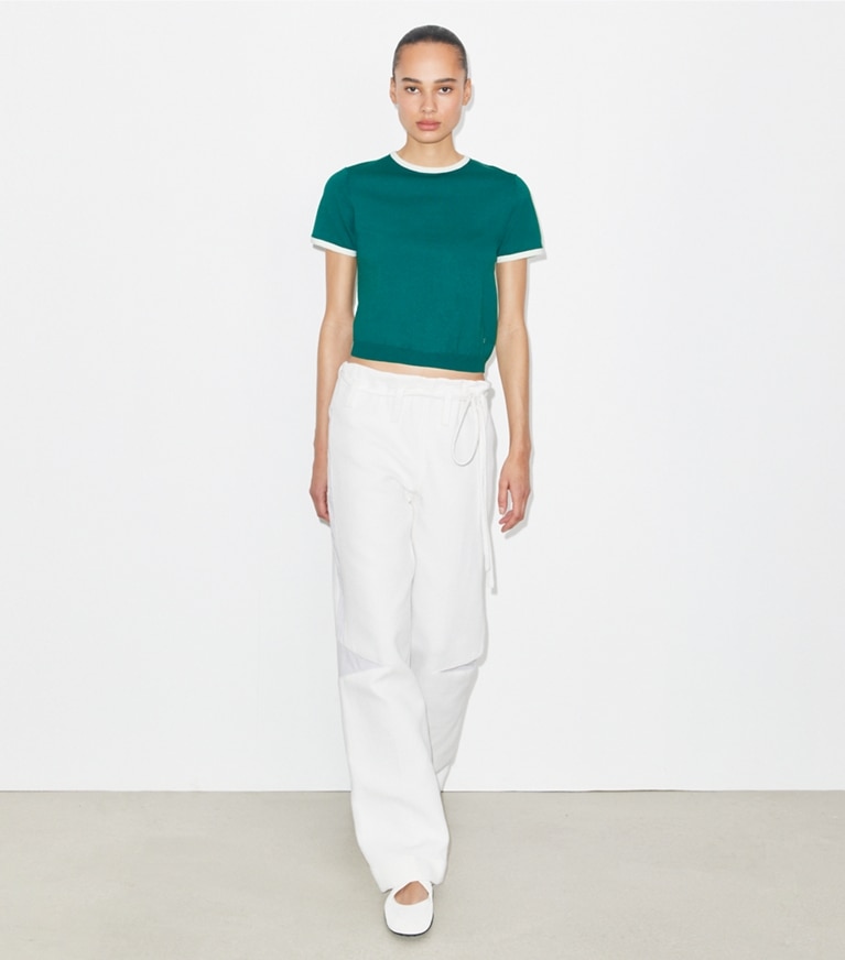 Tory Burch designer sweaters Contrast-Trim Short-Sleeve Sweater in Emerald front