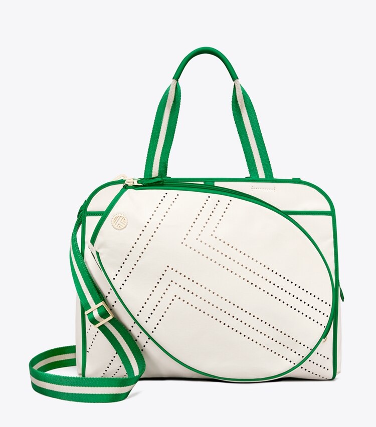 Tory Sport designer tote bags Convertible Perforated-T Tennis Tote in Ivory Pearl angle