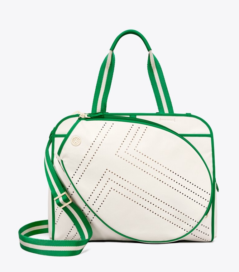 Tory Sport designer tote bags Convertible Perforated-T Tennis Tote in Ivory Pearl angle