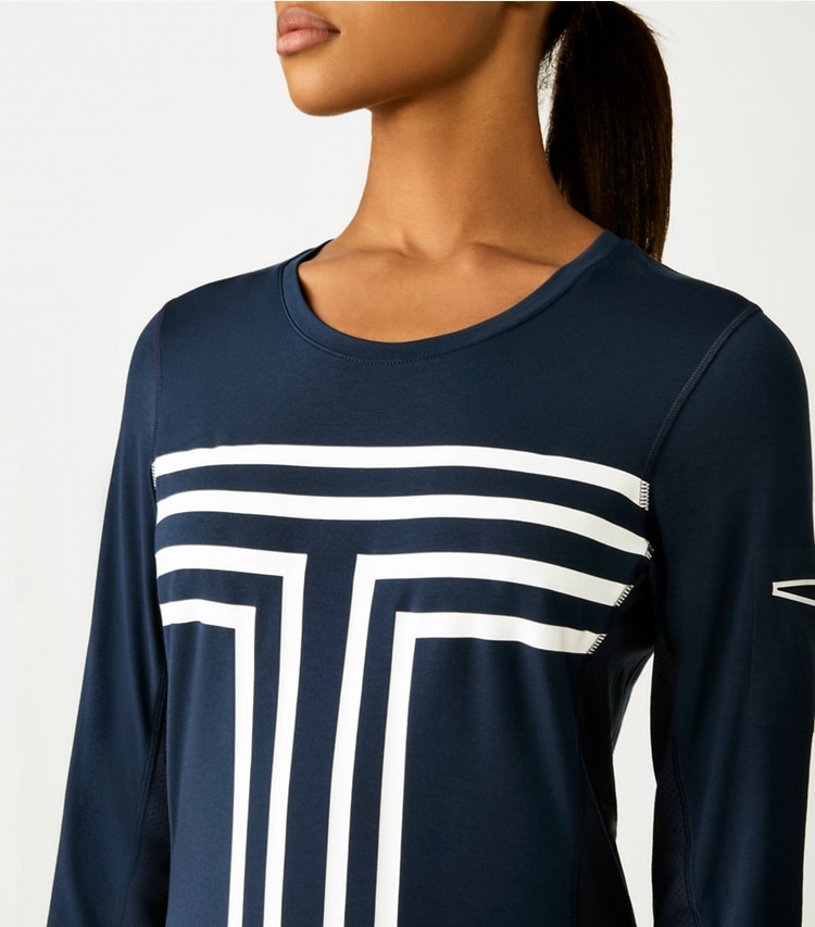 Tory Sport designer tops Cooling Performance Graphic-T Long-Sleeve Top in Tory Navy on model detail