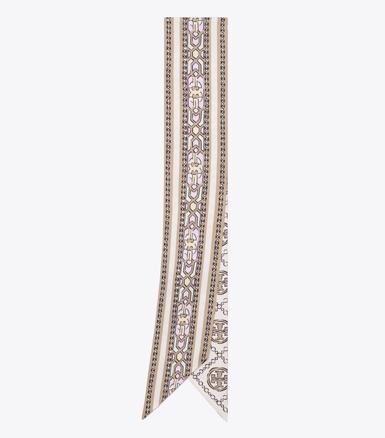 Tory Burch diseñador bufandas Corbata con cinta decorativa con monograma de T en Cream Deco T Monogram plegado