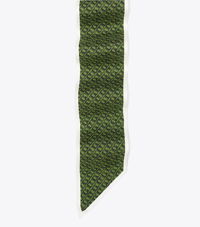 Tory Burch diseñador bufandas Corbata de seda con cinta y eslabones en T en Green T Link detalle