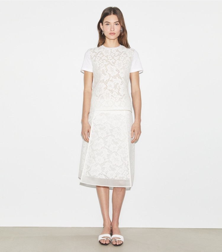 Tory Burch designer bottoms Corded Lace Skirt in White on model front