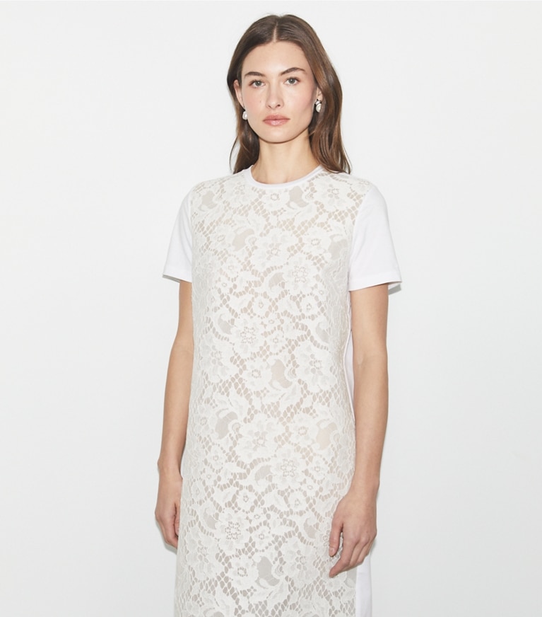 Tory Burch designer dresses Corded Lace T-Shirt Dress in White front