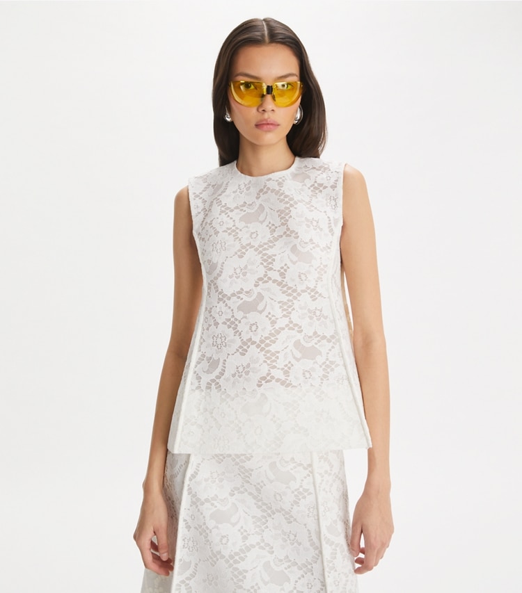 Tory Burch designer tops Corded Lace Top in White on model detail