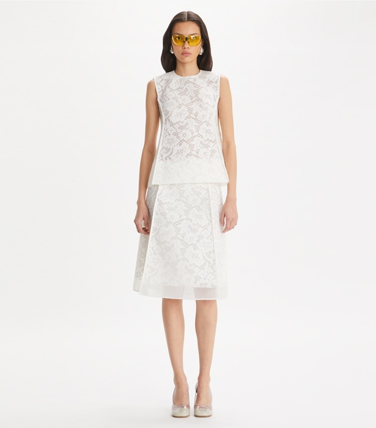 Tory Burch designer tops Corded Lace Top in White on model front