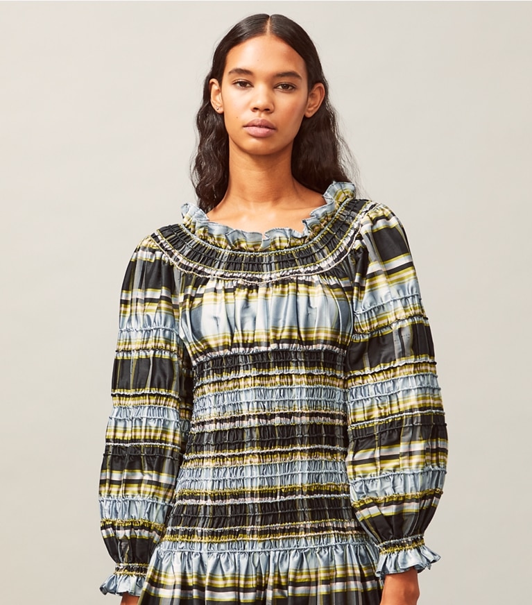 Tory Burch designer dresses Corded Madras Dress in Madras Silk Dupioni front