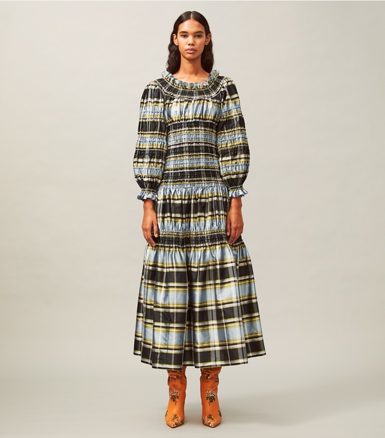 Tory Burch designer dresses Corded Madras Dress in Madras Silk Dupioni on model front