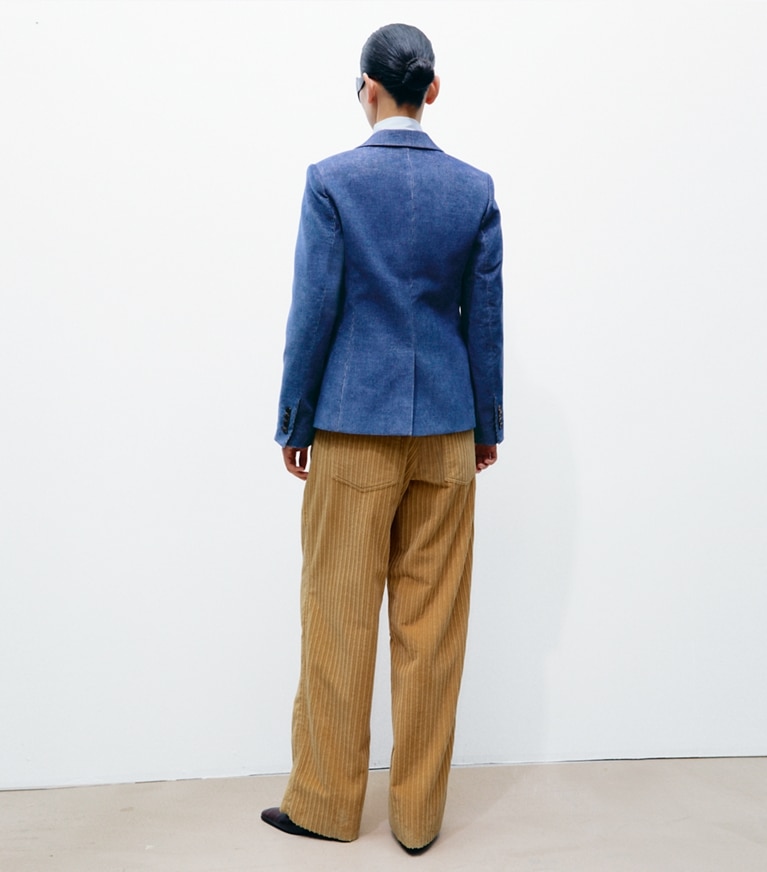 Tory Burch designer jackets Corduroy Blazer in Watercolor Blue on model back