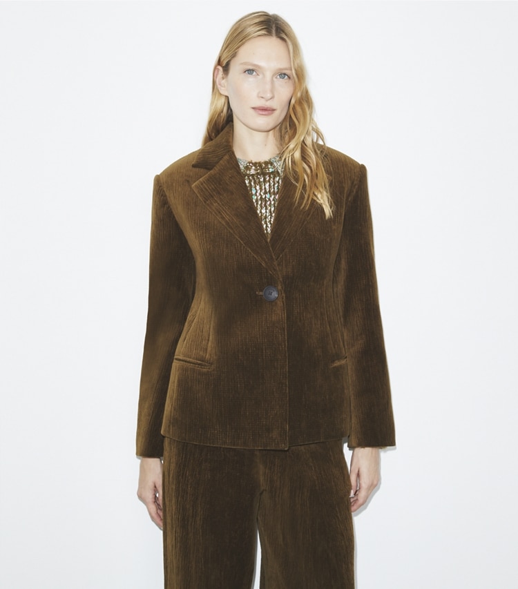 Tory Burch designer jackets Corduroy Blazer in Wild Olive on model detail