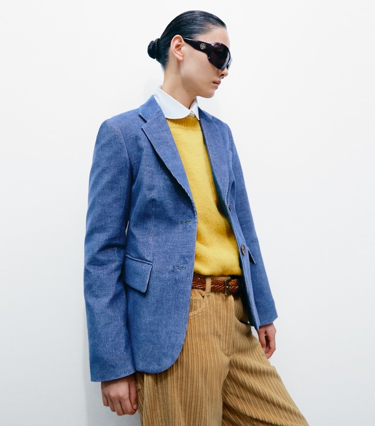 Tory Burch designer jackets Corduroy Blazer in Watercolor Blue on model detail