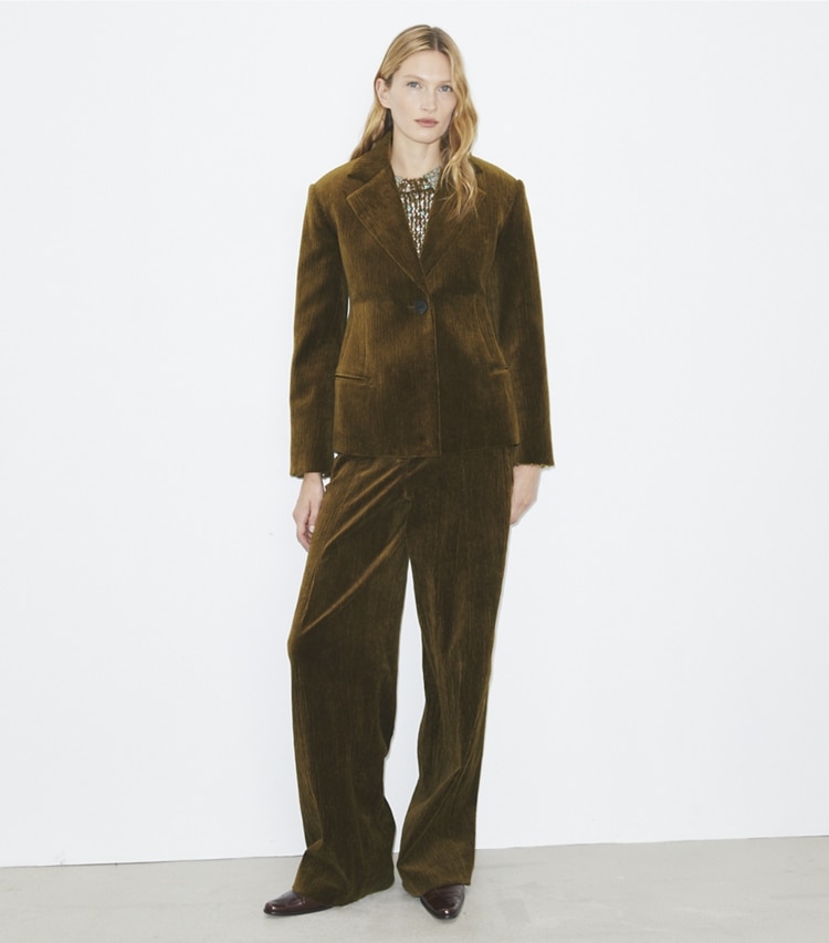 Tory Burch designer jackets Corduroy Blazer in Wild Olive on model front
