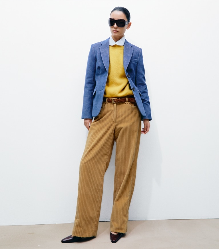 Tory Burch designer jackets Corduroy Blazer in Watercolor Blue on model front