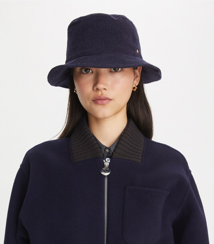 Tory Burch designer hats Corduroy Bucket Hat in Navy accessory on model