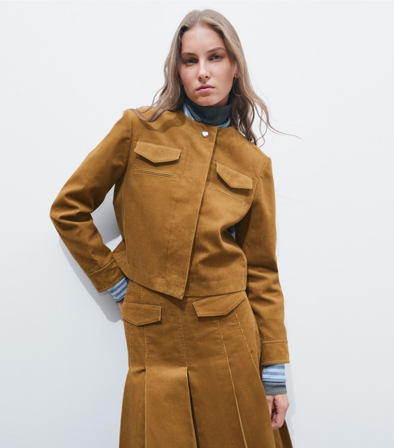 Tory Burch designer jackets Corduroy Jacket in Terracotta on model detail