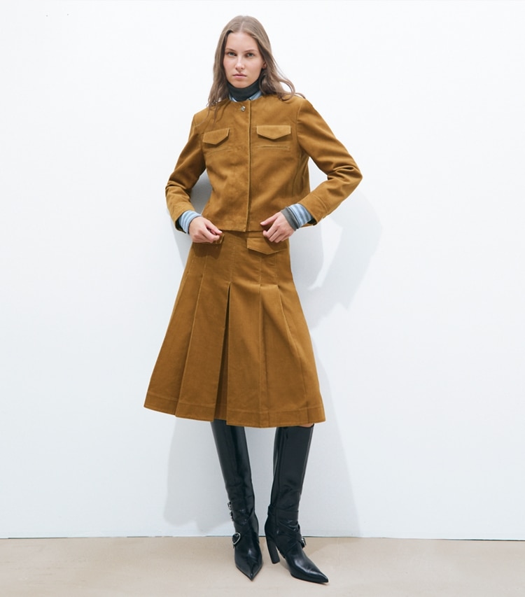 Tory Burch designer jackets Corduroy Jacket in Terracotta on model front