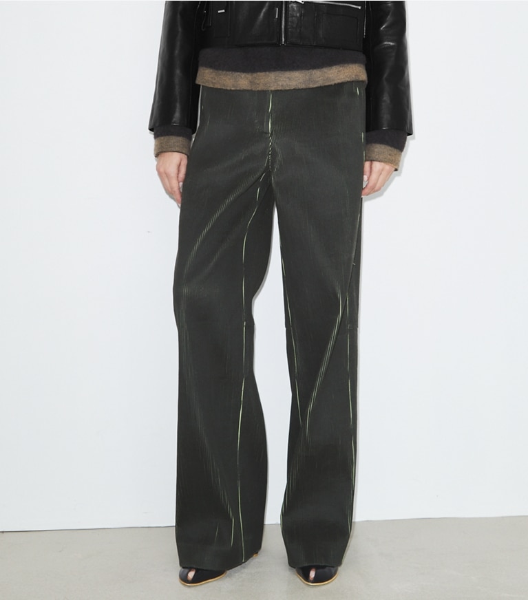 Tory Burch designer bottoms Corduroy Pant in Dark Brown / Bright Green front