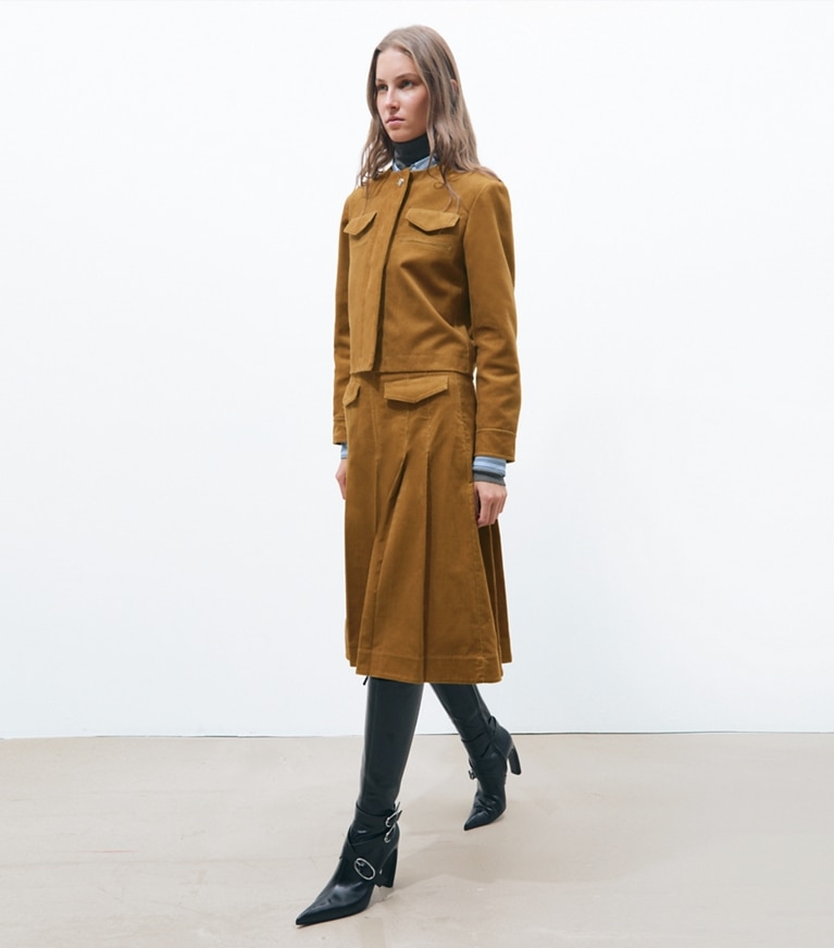 Tory Burch designer bottoms Corduroy Pleated Skirt in Terracotta additional on model