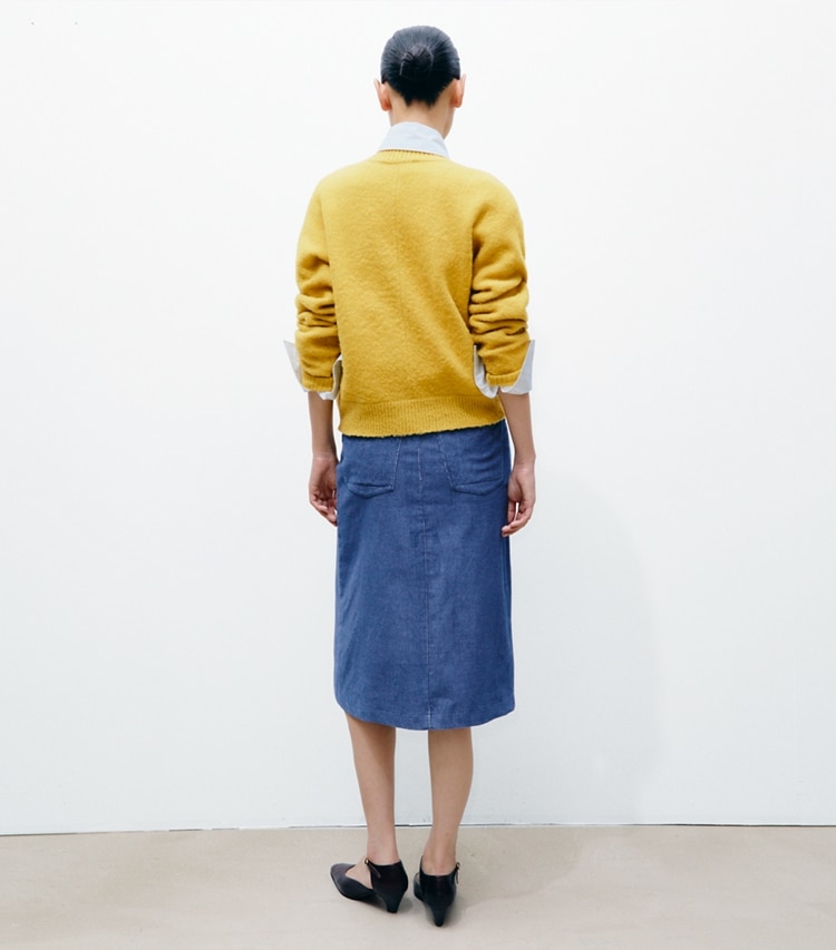 Tory Burch designer bottoms Corduroy Skirt in Watercolor Blue on model back