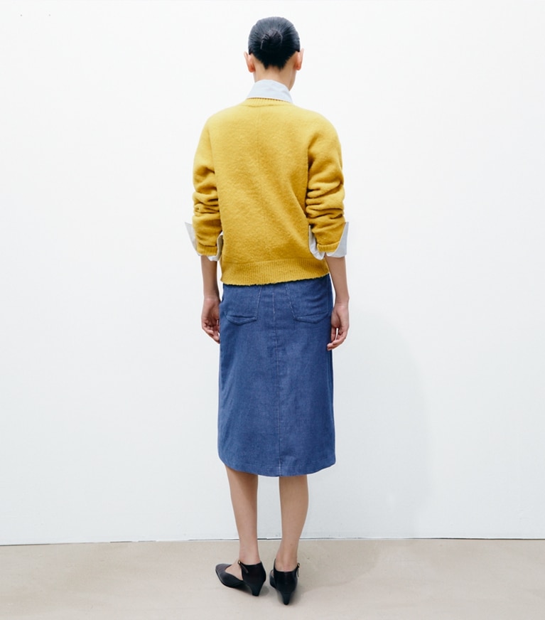 Tory Burch designer bottoms Corduroy Skirt in Watercolor Blue on model back