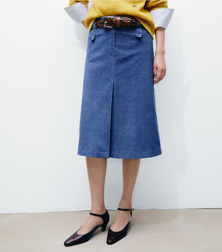 Tory Burch designer bottoms Corduroy Skirt in Watercolor Blue on model detail