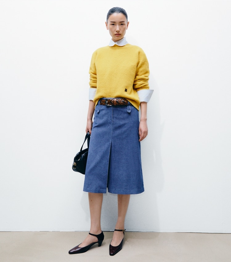 Tory Burch designer bottoms Corduroy Skirt in Watercolor Blue on model front