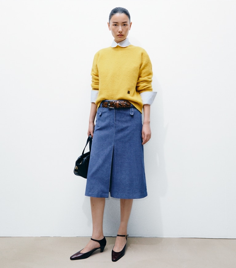 Tory Burch designer bottoms Corduroy Skirt in Watercolor Blue on model front