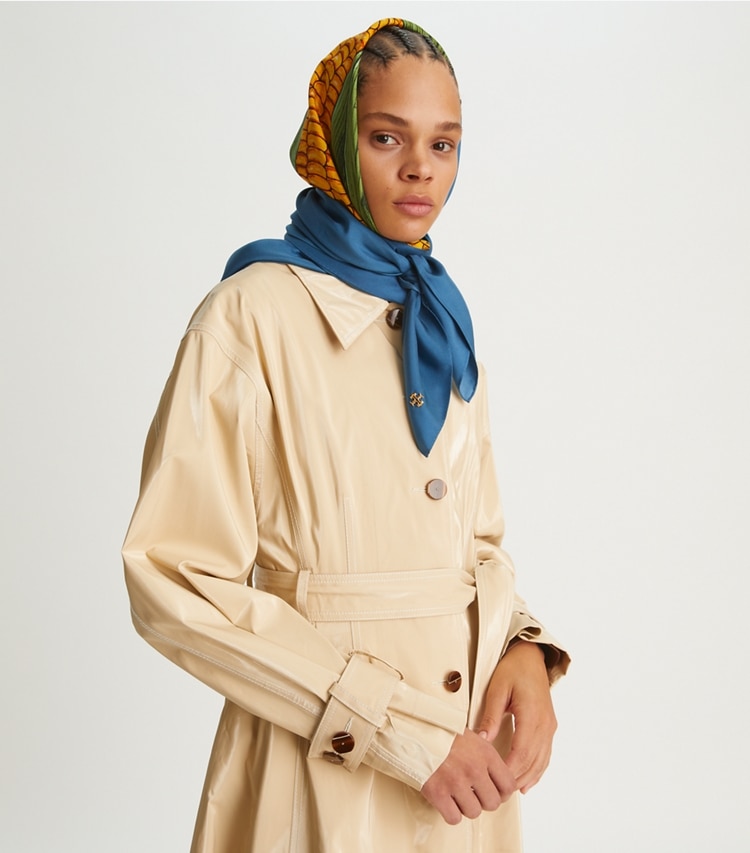 Tory Burch designer scarves Corn Oversized Silk Square Scarf in Corn Blue accessory on model