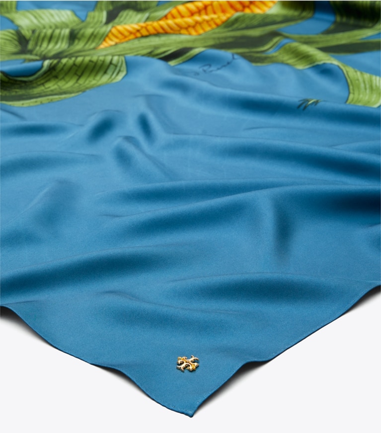 Tory Burch designer scarves Corn Oversized Silk Square Scarf in Corn Blue overhead