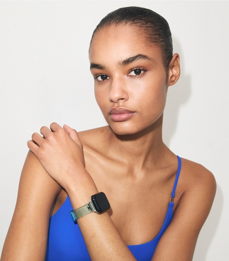 Tory Burch diseñador relojes inteligentes Correa Jelly con una sola T para Apple Watch® en CLEAR accesorio en modelo