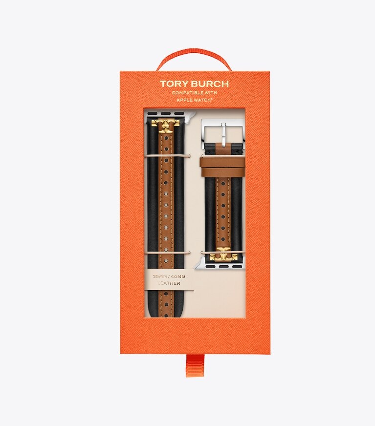 Tory Burch diseñador relojes inteligentes Correa Kira para Apple Watch®, negro/piel equipaje en BLACK/LUGGAGE caja de relojes