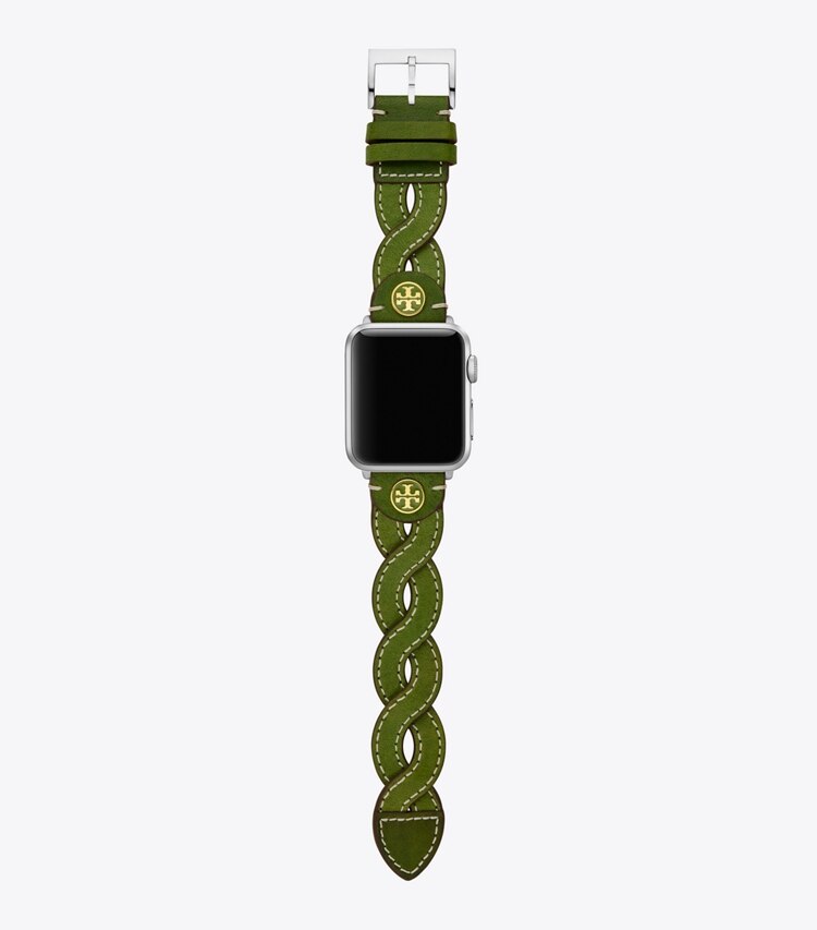 Tory Burch diseñador relojes inteligentes Correa trenzada para Apple Watch®, piel verde, 38 mm–40 mm en GREEN frontal