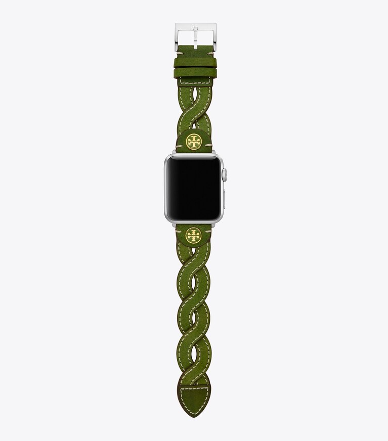 Tory Burch diseñador relojes inteligentes Correa trenzada para Apple Watch®, piel verde, 38 mm–40 mm en GREEN frontal