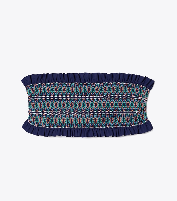 Tory Burch designer two pieces Costa Bandeau Bikini Top in Tory Navy front