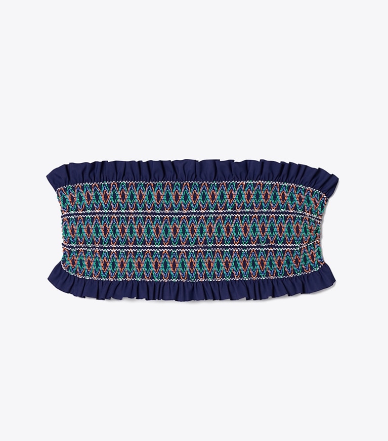 Tory Burch designer two pieces Costa Bandeau Bikini Top in Tory Navy front