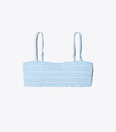 Tory Burch designer two pieces Costa Smocked Bandeau in Washed Sky / White front