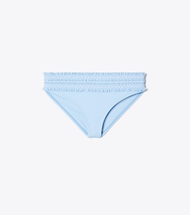 Tory Burch designer two pieces Costa Smocked Bikini Bottom in Washed Sky / White front