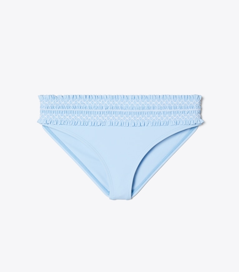 Tory Burch designer two pieces Costa Smocked Bikini Bottom in Washed Sky / White front