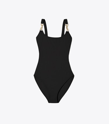 Tory Burch designer costumi interi Costume a canotta con clip in Black / Gold front