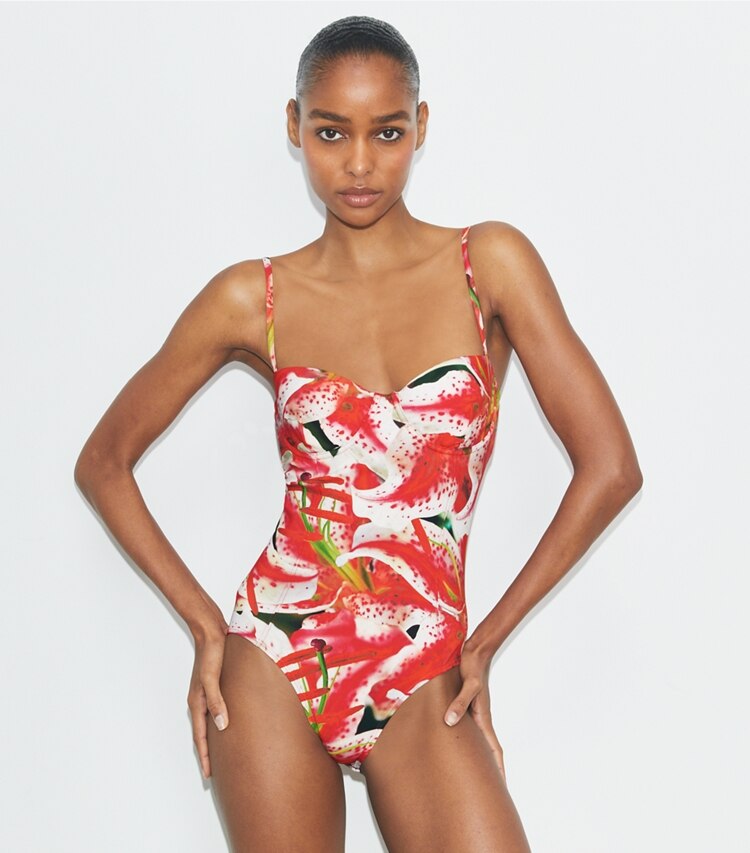 Tory Burch designer costumi interi Costume con ferretto in Pink Lily on model detail